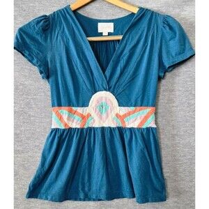 Deletta for Anthropologie Y2K Womens Blouse Teal Boho Hippie Earthy  Size Medium
